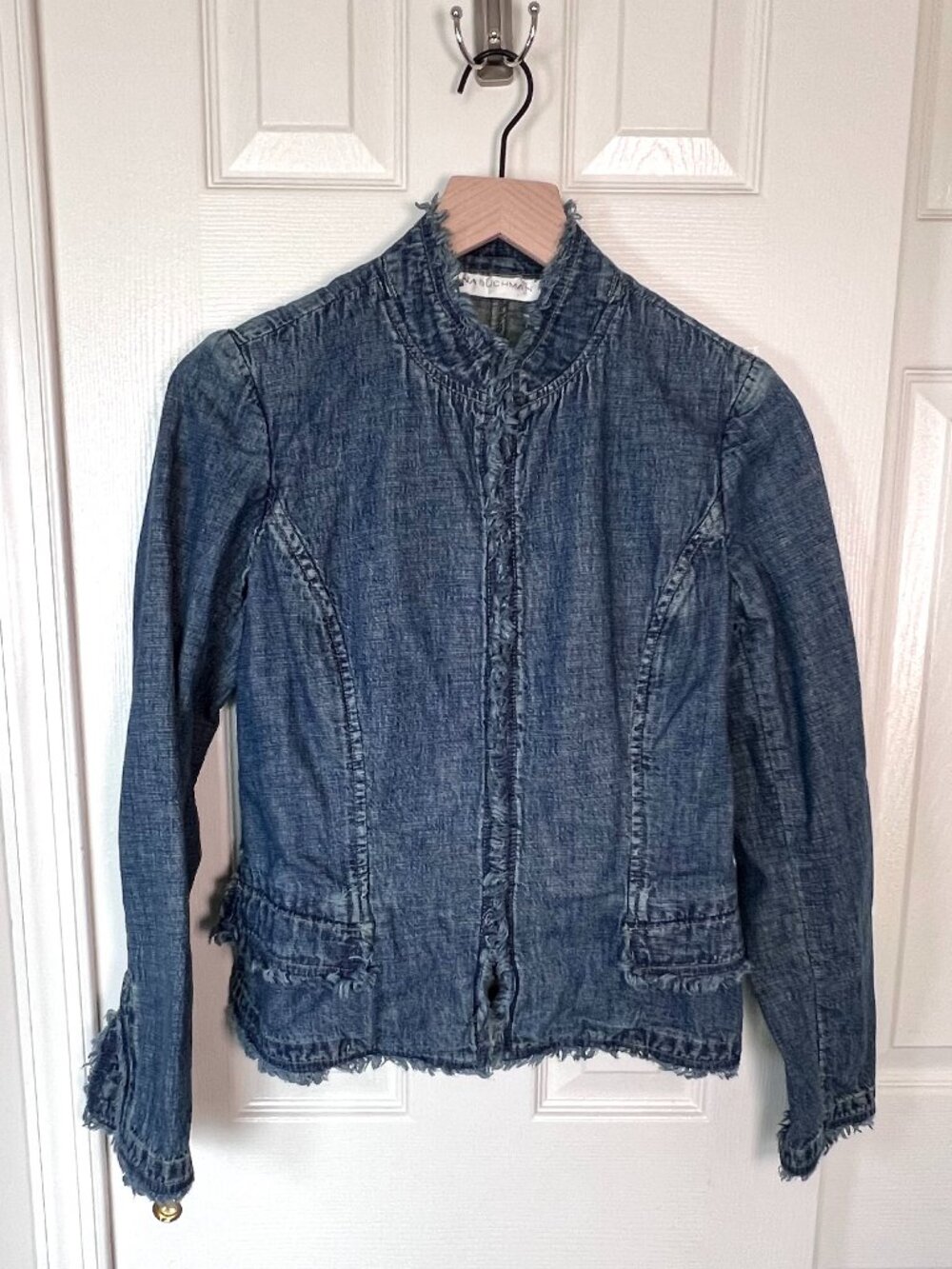 Y2K Frayed Edges 100% Cotton Open Cuff Denim Jacket Size 2 Grunge Alt Streetwear